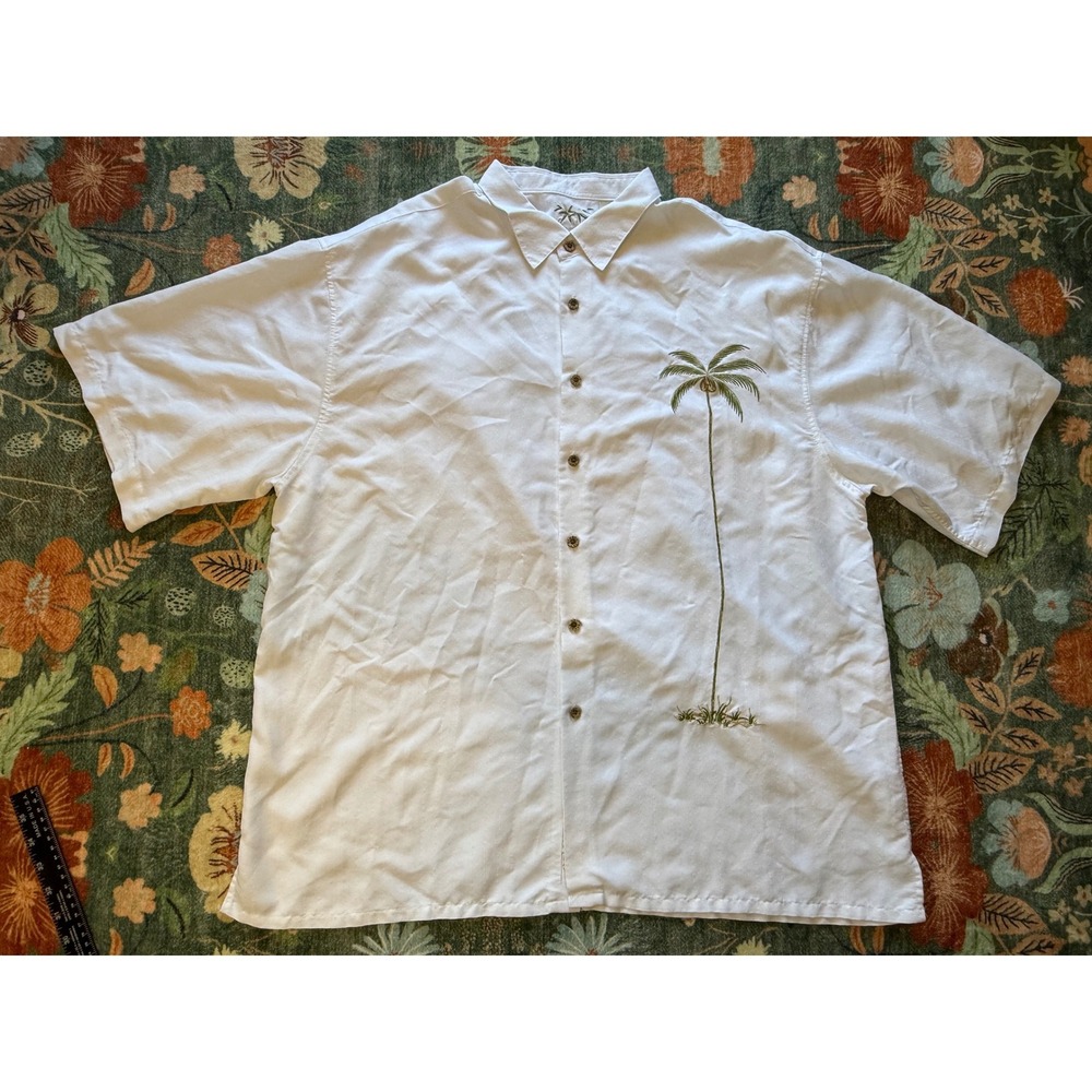 Bamboo Cay Mens XXL White Embroidered Palm Tree Modal Blend Camp Shirt Short Slv